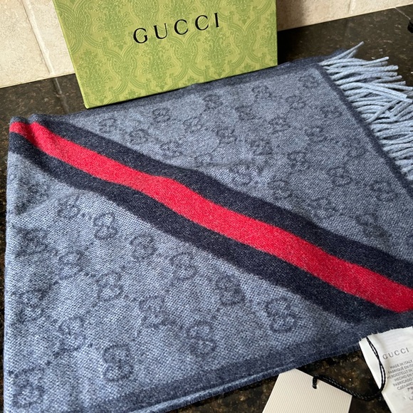 New With Tags Gucci Nikky Wool Alpaca Monogram Web Blue Scarf With Red Stripe - Picture 2 of 7